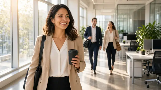Employees arriving at a bright, clean office