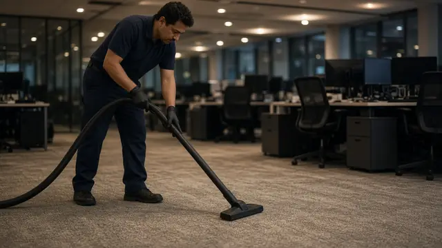 Cleaner vacuuming carpet in an office after hours