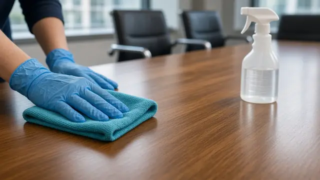 Gloved hands wiping down a conference table